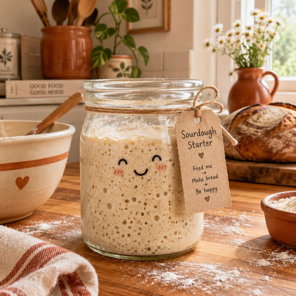 Sally the sourdough starter, bubbling happily in her jar