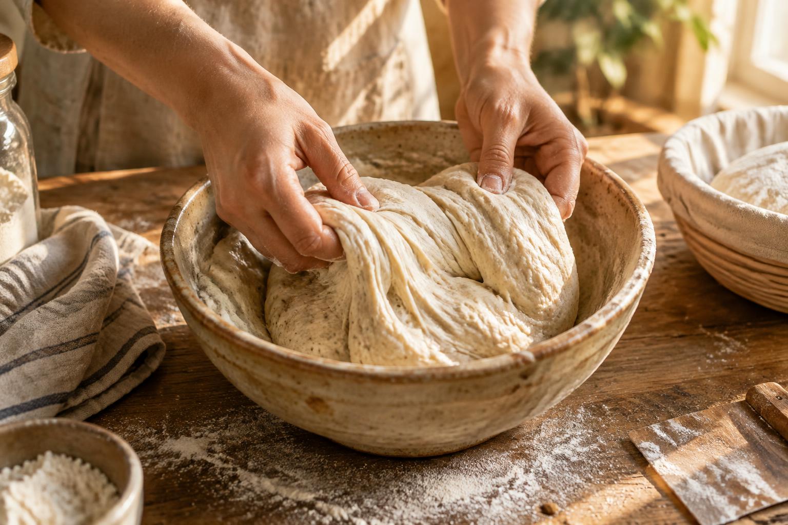Hands stretching and folding sourdough dough in a rustic bowl